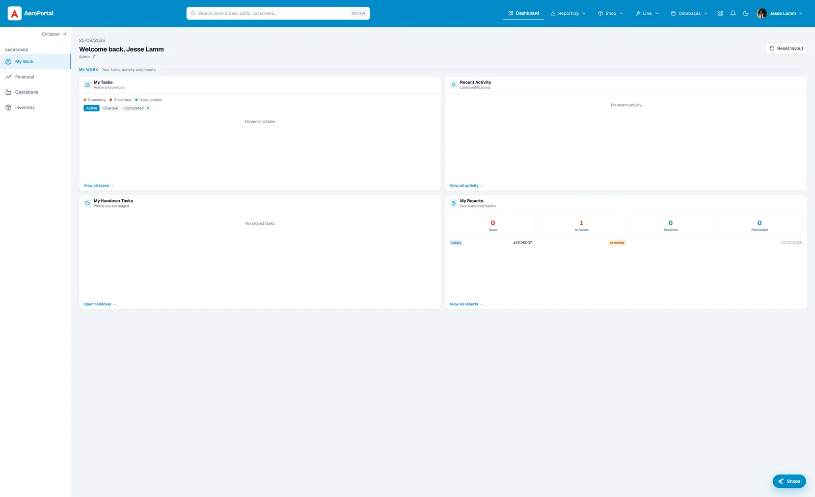 Het AeroPortal-dashboard met taken, recente activiteit, overdrachten en rapporten