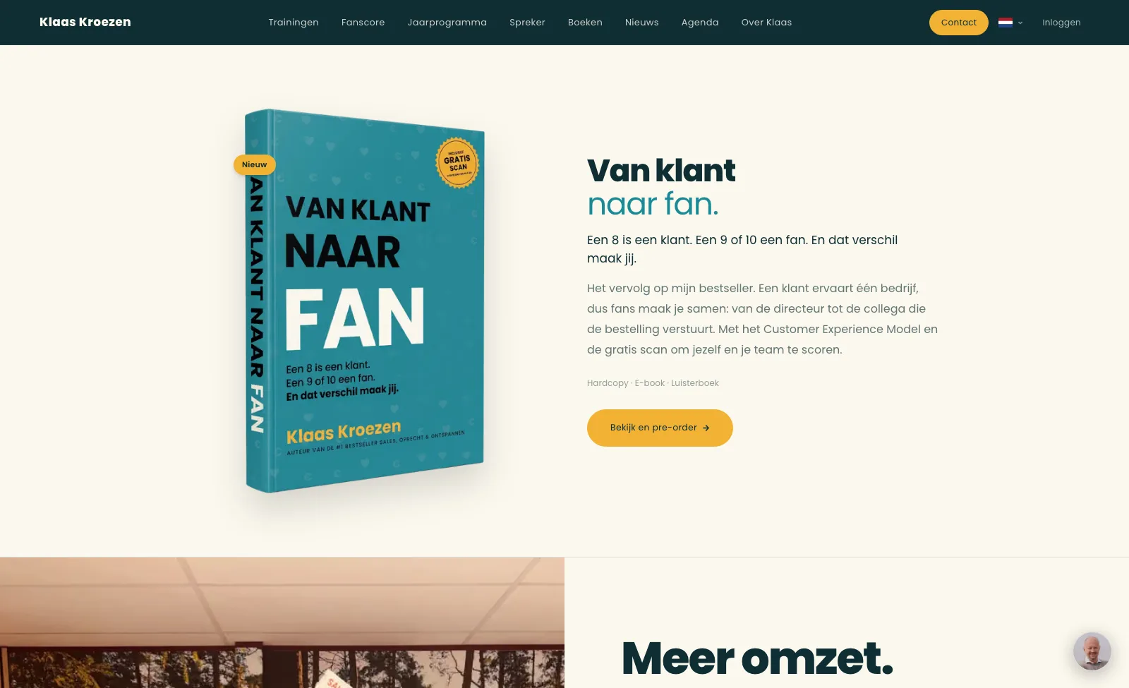 De homepagina van klaaskroezen.nl met het nieuwe boek Van klant naar fan